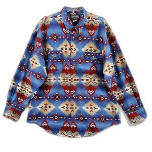 Roughrider Circle Shirt Mens XL Blue Aztec Button Up Western Cowboy Ranch